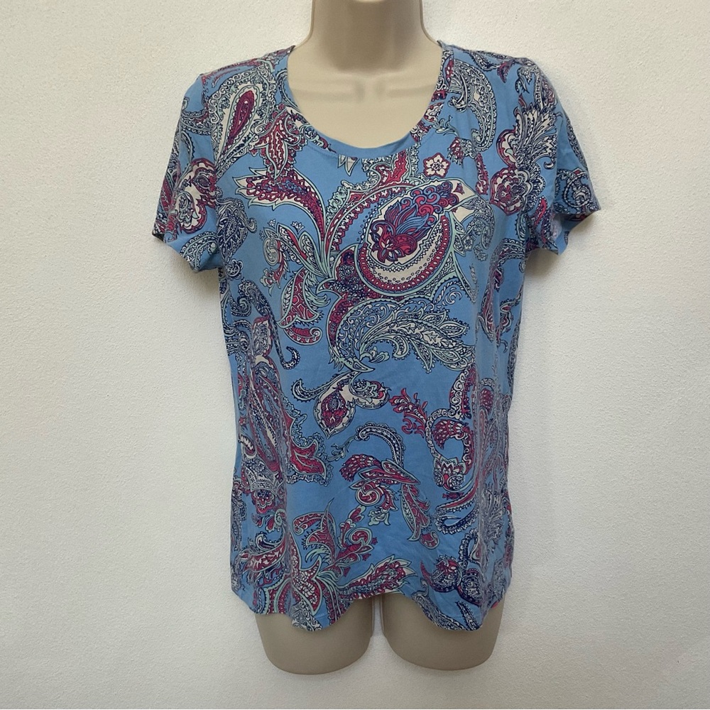 Talbots Blue, Pink Paisley Print Cotton Blend Short Sleeve T-Shirt Size Medium